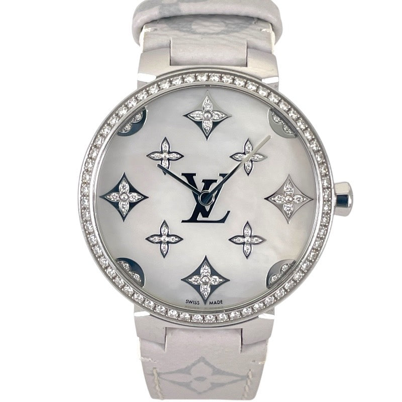 【LOUIS VUITTON】ルイ・ヴィトン タンブール スリム モノグラム QA110 腕時計 SS/レザー レディース ディアモンダンテル MM ダイヤモンド シェル文字盤
