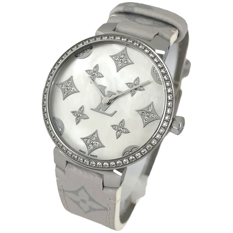【LOUIS VUITTON】ルイ・ヴィトン タンブール スリム モノグラム QA110 腕時計 SS/レザー レディース ディアモンダンテル MM ダイヤモンド シェル文字盤