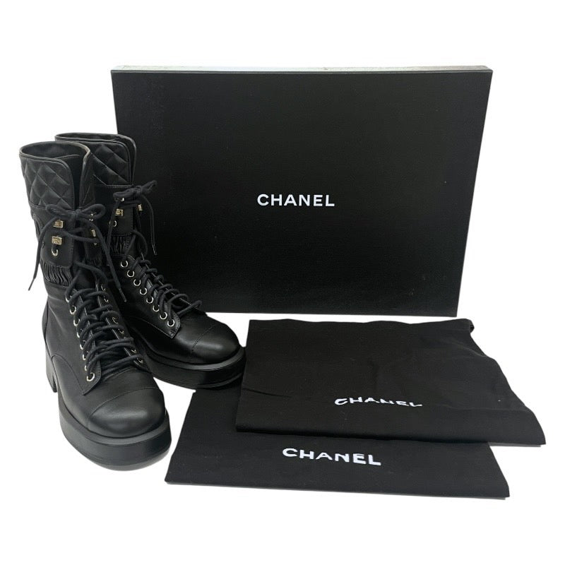 【CHANEL】シャネル マトラッセ ミドルブーツ G37956 ブーツ レザー レディース 36 1/2C 23.5cm レースアップ 黒 ブラック