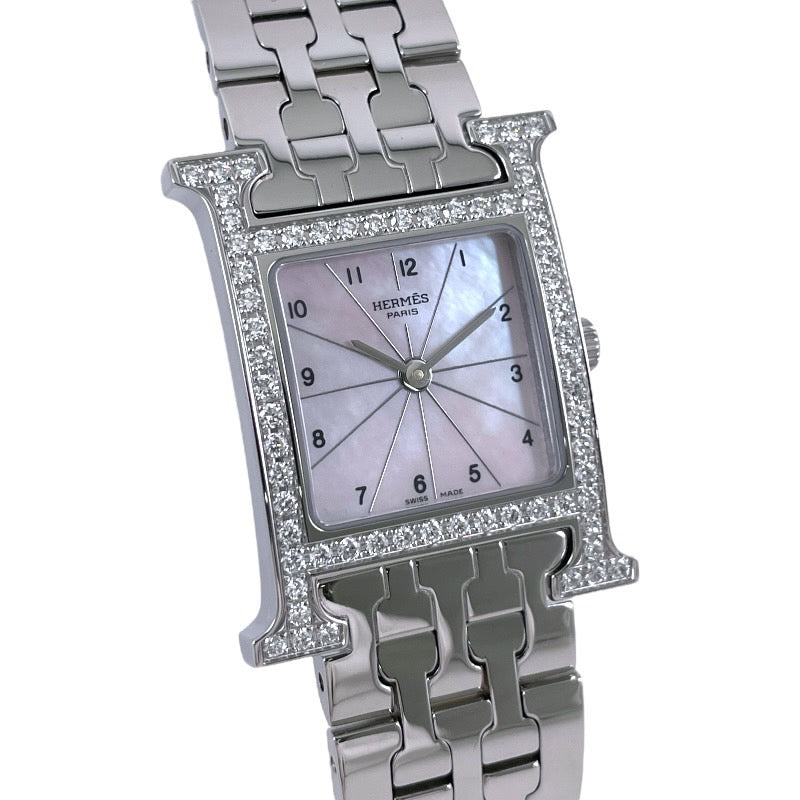 【HERMES】エルメス Hウォッチ HH1.230.214/4804 腕時計 ステンレススチール レディース ベゼルダイヤモンド ピンクシェル文字盤