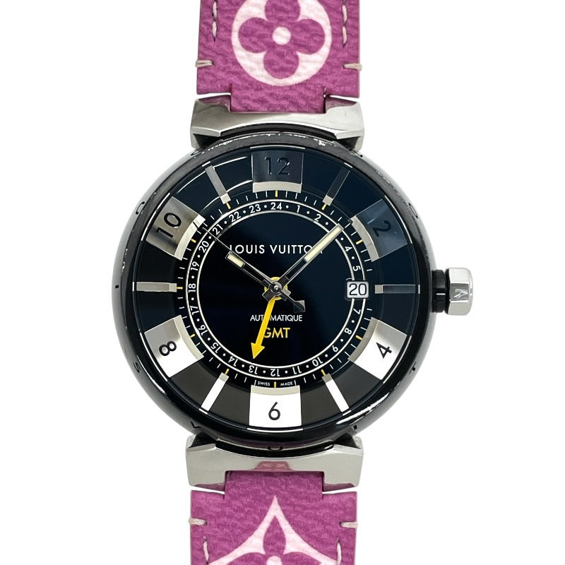 【LOUIS VUITTON】ルイ・ヴィトン タンブール インブラック Q113K 腕時計 SS/レザー メンズ 自動巻き GMT
