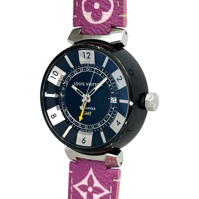 【LOUIS VUITTON】ルイ・ヴィトン タンブール インブラック Q113K 腕時計 SS/レザー メンズ 自動巻き GMT