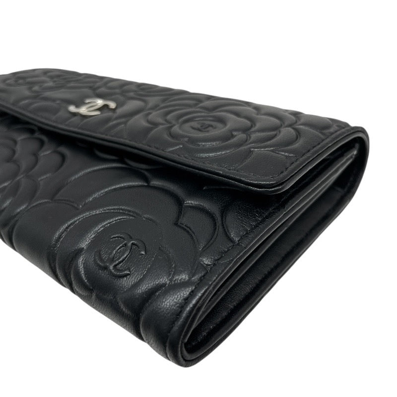 【未使用品】【CHANEL】シャネル カメリア フラップ ロングウォレット A82283 長財布 レザー レディース 未使用品 黒 ブラック
