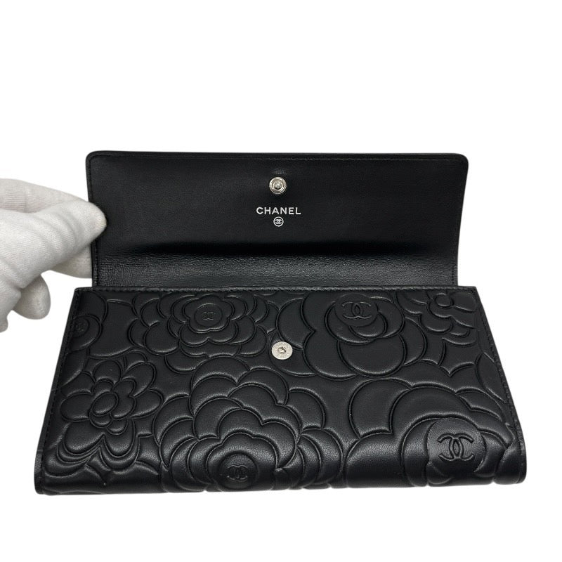 【未使用品】【CHANEL】シャネル カメリア フラップ ロングウォレット A82283 長財布 レザー レディース 未使用品 黒 ブラック