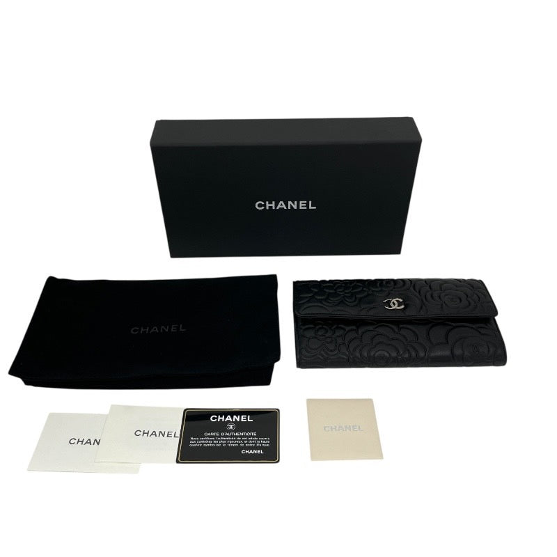 【未使用品】【CHANEL】シャネル カメリア フラップ ロングウォレット A82283 長財布 レザー レディース 未使用品 黒 ブラック