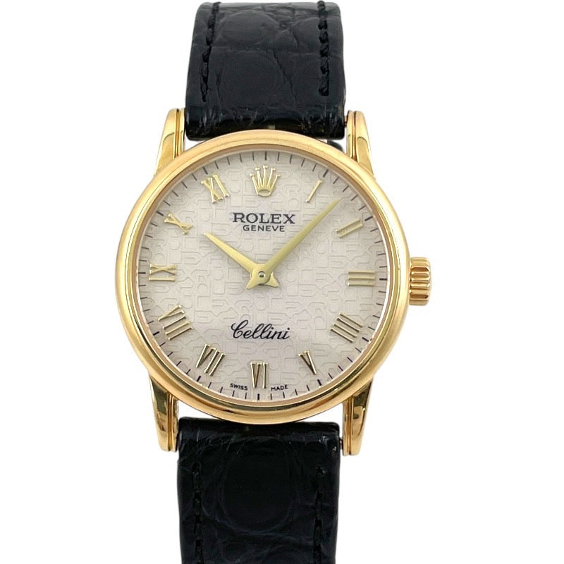 【ROLEX】ロレックス チェリーニ 6111 腕時計 YG/レザー レディース K番 クォーツ 750 K18イエローゴールド アイボリー 彫りコンピュータ