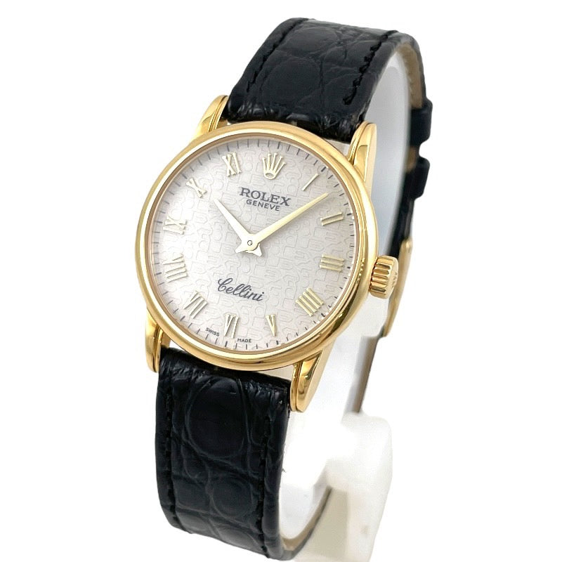 【ROLEX】ロレックス チェリーニ 6111 腕時計 YG/レザー レディース K番 クォーツ 750 K18イエローゴールド アイボリー 彫りコンピュータ