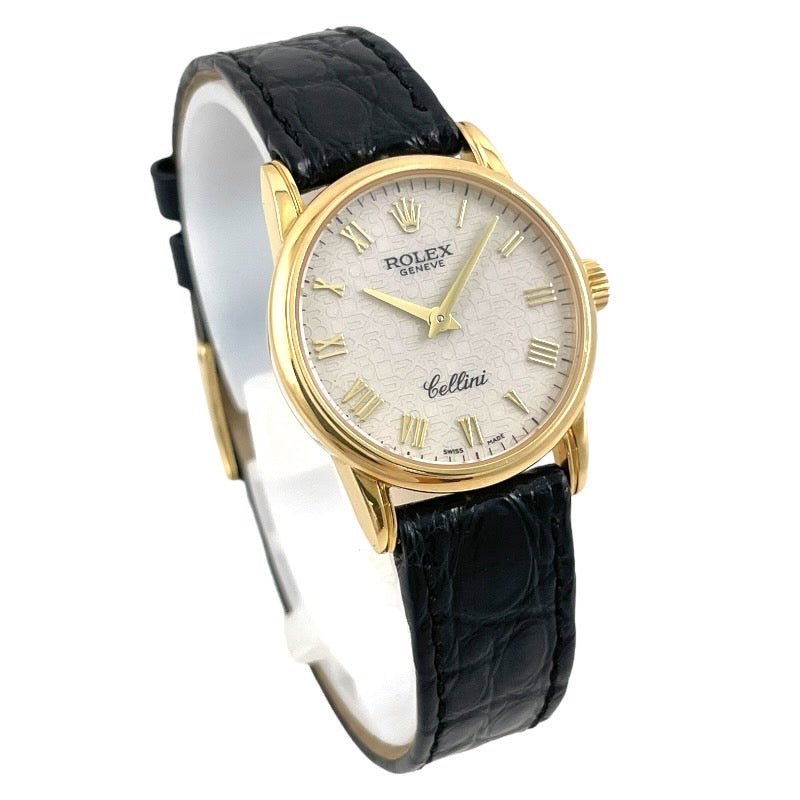 【ROLEX】ロレックス チェリーニ 6111 腕時計 YG/レザー レディース K番 クォーツ 750 K18イエローゴールド アイボリー 彫りコンピュータ